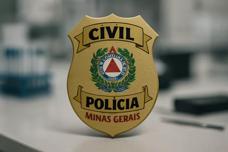 Distintivo da Polícia Civil de Minas Gerais (PC MG) em mesa de laboratório, simbolizando o concurso TPAG Auxiliar de Perícia.