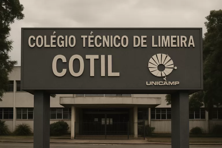 Placa de identificação do Colégio Técnico de Limeira (COTIL) com o logotipo da UNICAMP ao fundo, simbolizando o concurso docente.